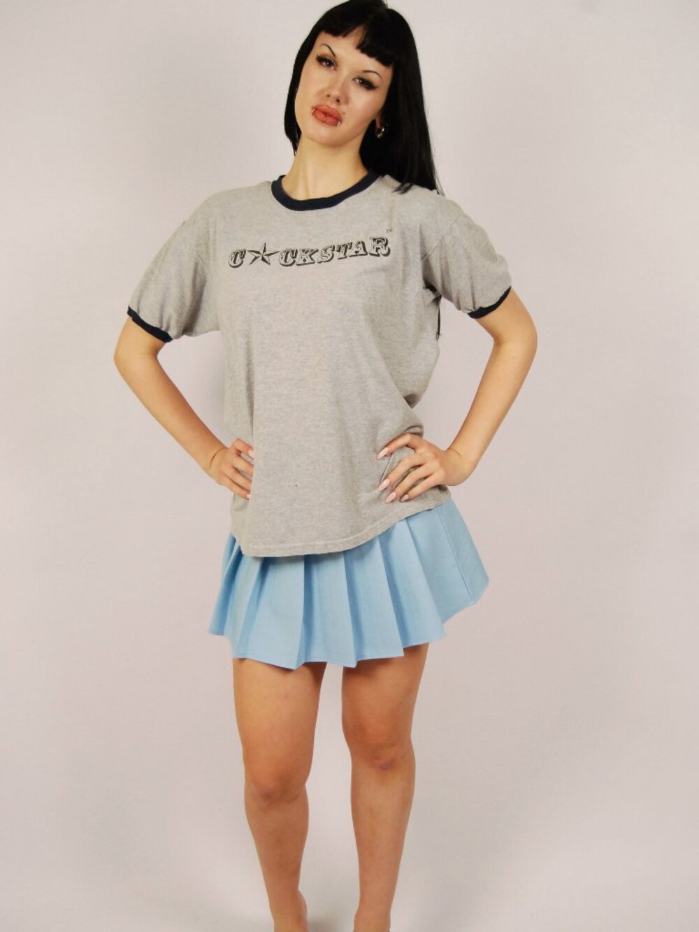 Y2K Cockstar Ringer Tee (L) large grey vintage t-shirt Fruit of the Loom street
